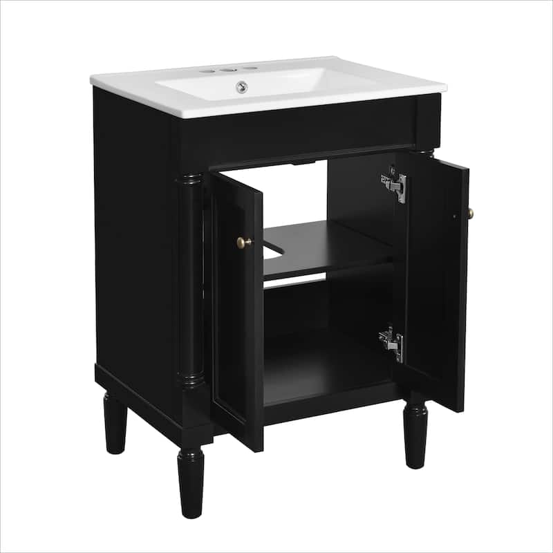 24 Inch Bathroom Vanity with Ceramic Top Sink, Freestanding Single Sink Vanity with Storage Shelves, Modern Style