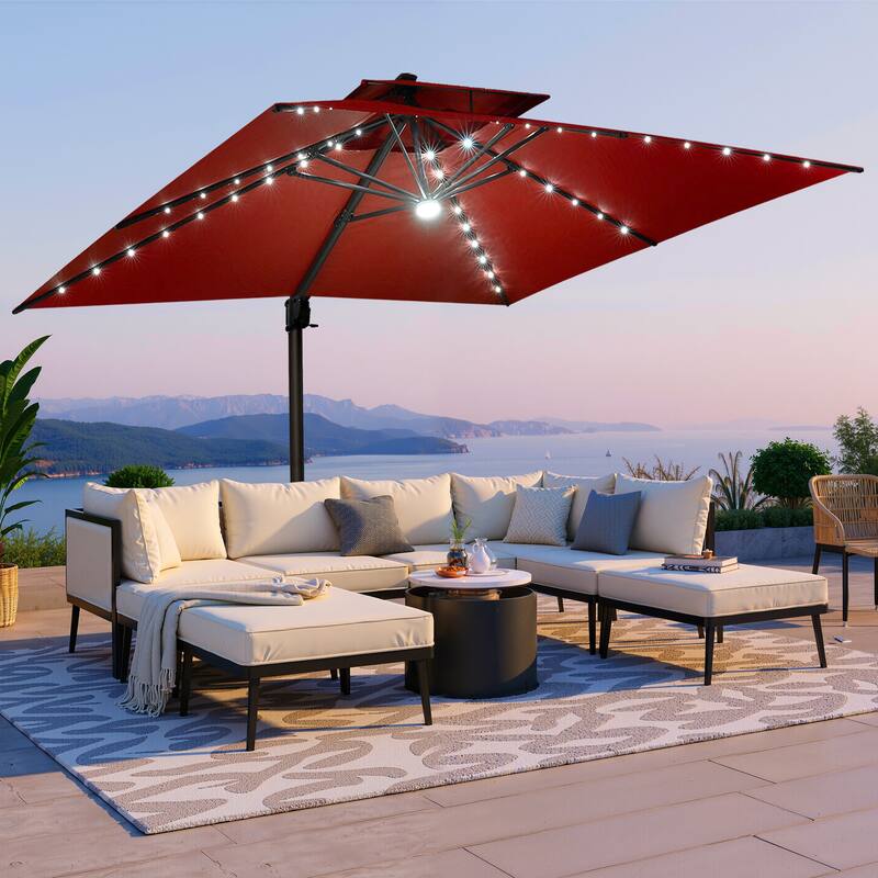 VredHom Solar LED Light 11FT Square Outdoor Cantilever Patio Umbrella without Base