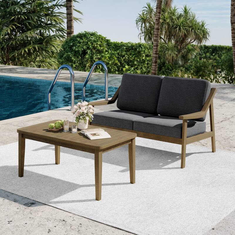 2-piece Brown/ Black Teak Cushioned Patio Loveseat Set with Coffee Table - BrownFrame-Dark Grey