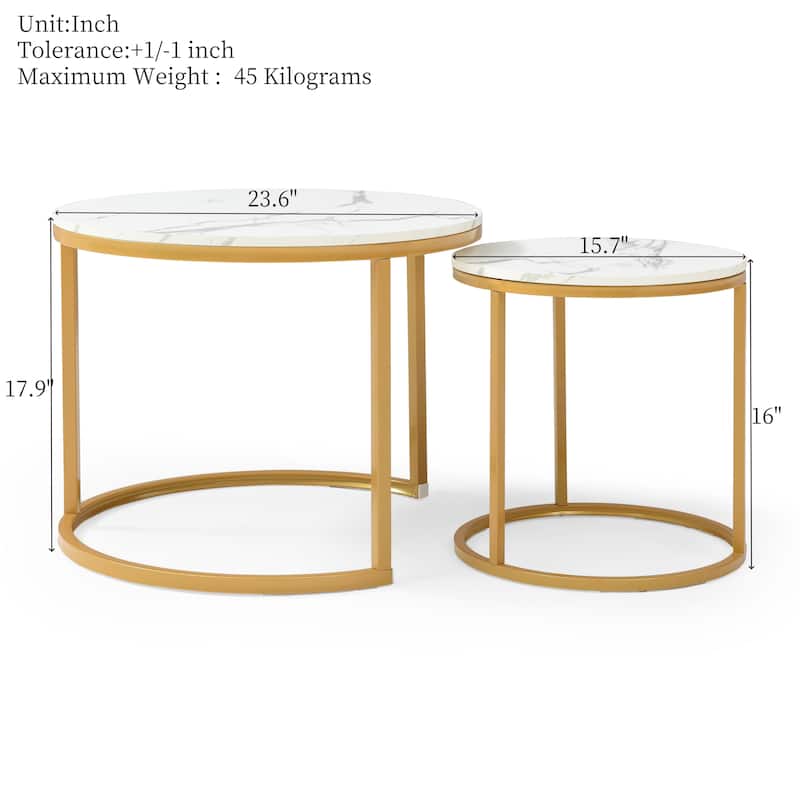 Set of 2 Coffee Table Nesting Table for Living Room, White Gray Center Table End Table Side Table with Metal Frame