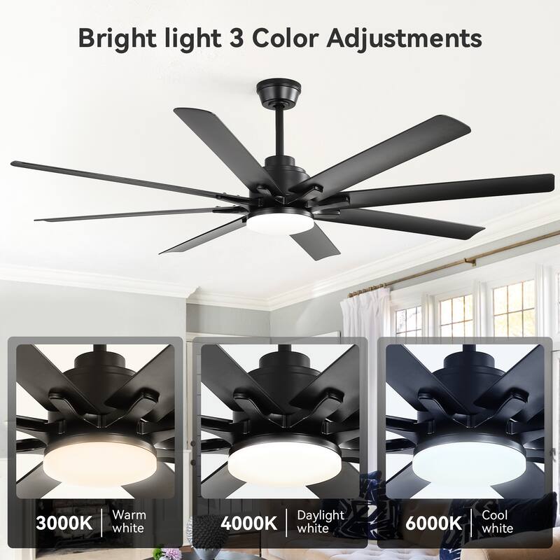 52" Reversible DC Motor Ceiling Fan with Remote/APP Control Dimmable 3-color Temperature, 8 ABS Blades Ceiling Fan Chandelier