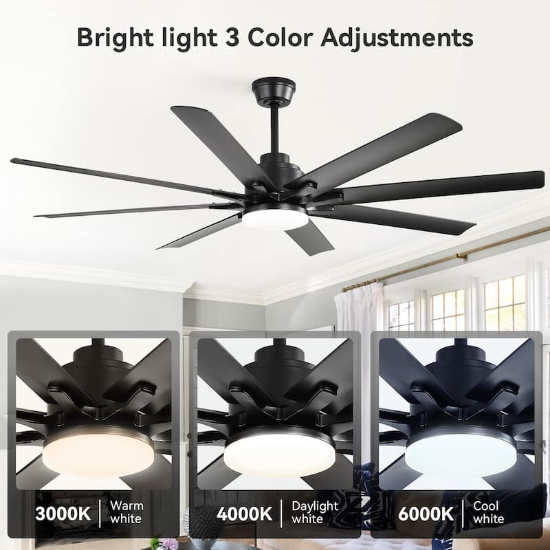 52-inch Matte Black Ceiling Fan with Light - 8 ABS Blades, 18W LED 3-Color Dimmable Light, for Living Room & Bedroom