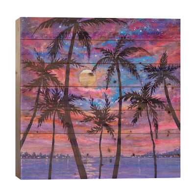Beautiful Relaxing Landscape: Palm Trees, Pink Purple Sunset Over Sea And Large Moon Print On Wood by Valery Rybakow