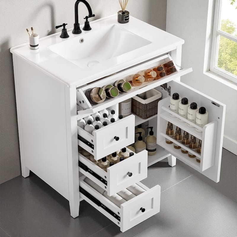 30-Inch Bathroom Vanity with Sink, MDF and Solid Wood Cabinet, 3 Drawers and Adjustable Shelf, Freestanding Design