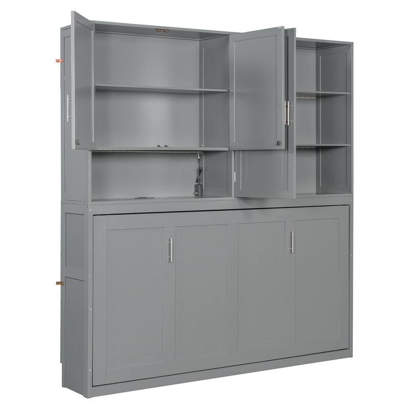Twin Size Murphy Wall Bed with Top Cabinet and Light, Space Saving Foldable Murphy Cabinet Bed with USB Ports & Storage Shelves