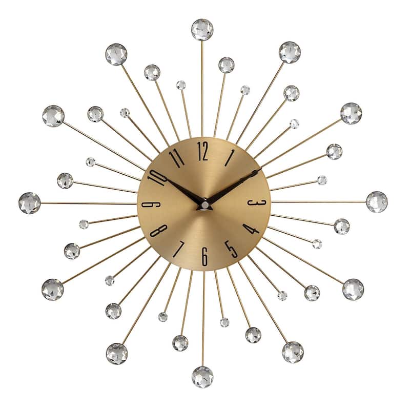 Metal Starburst Decorative Wall Clock with Crystal Accents - Gold, Brown, Silver, Copper - Roche River Decor - Gold - 14" x 1" x 14"