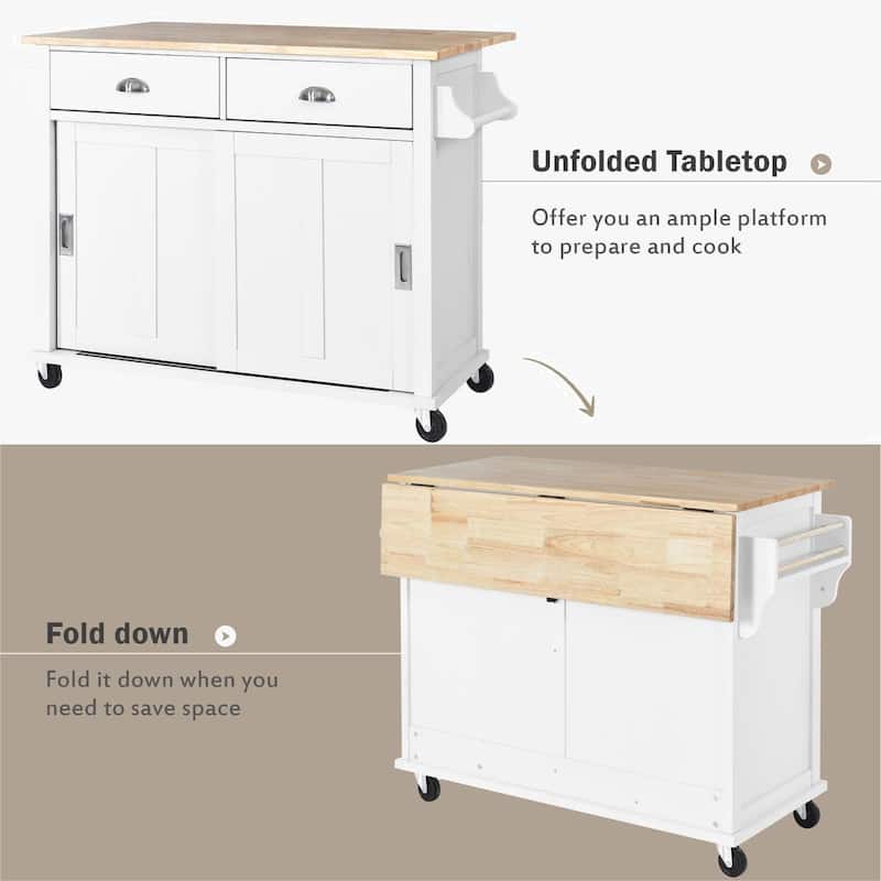 Kitchen Cart with Rubber wood Drop-Leaf Countertop