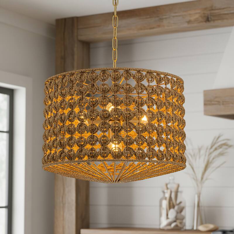 Koyo 4-Light Rattan Drum Pendant, Coastal Boho - Handwoven