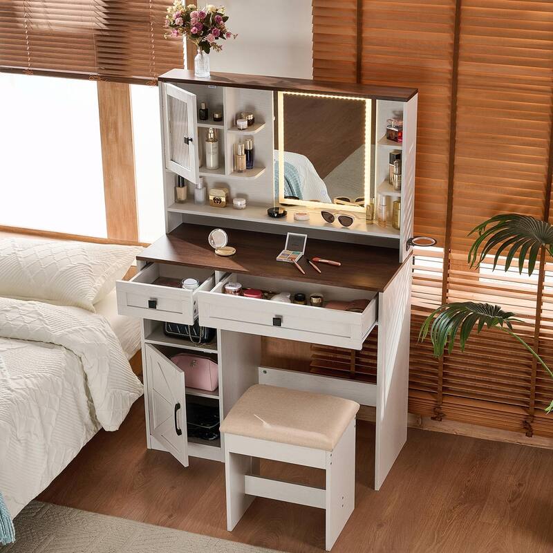 Farmhouse Makeup Vanity Desk with Mirror and Lights