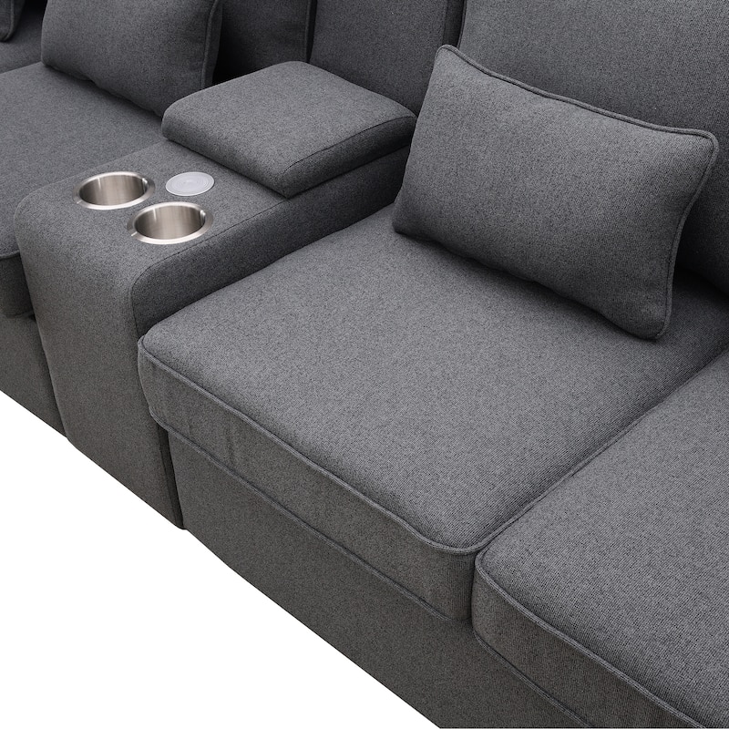 Dark Grey Linen Fabric Upholstered Sofa with USB Ports and Cupholders