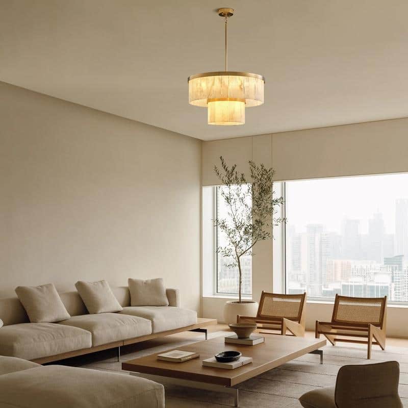 Elegant layered alabaster chandelier with natural stone panels