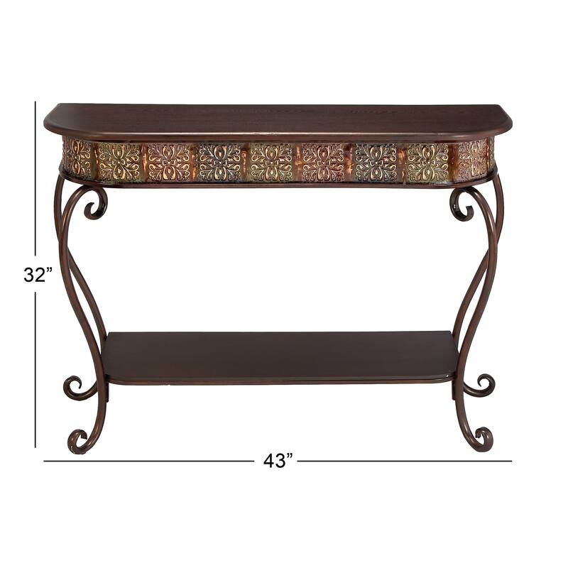Metal Floral Embossed 1 Shelf Console Table with Ornate Scroll Legs - Brown - Roche River Decor - 14"Wx43"Lx32"H