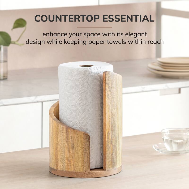 Jani Paper Towel Holder Countertop with Mango Wood Round Base and Iron Holder