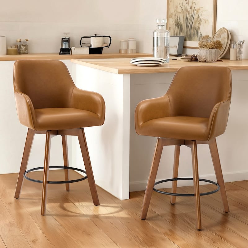 25 Inch Upholstered Swivel Counter Height Bar Stool with Armrests, Solid Wood Legs - 23.6"W x 22.4"D x 40.2"H