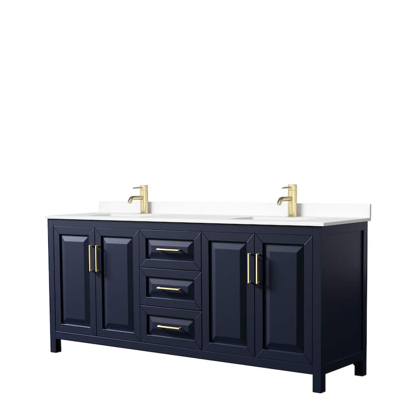 Daria 80 Inch Double Vanity, Cultured Marble Top - Dark Blue, Gold Trim, White Cultured Marble Top