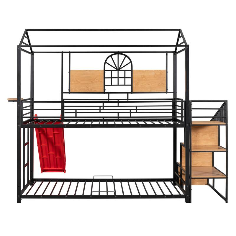 Playful Twin Over Twin Metal Bunk Bed with Slide, Storage Stairs, and House Design for Kids' Rooms