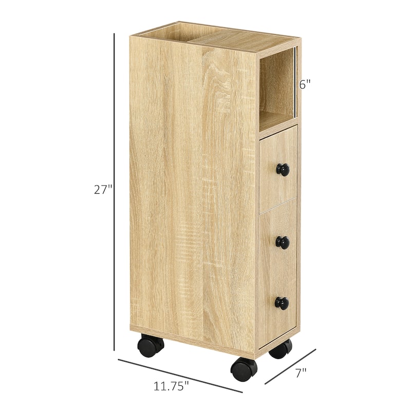 Oak Grain Storage Cart Cabinet with Drawer and Open Shelves for Small Spaces and Homes - 7" W x 11.75" D x 27" H