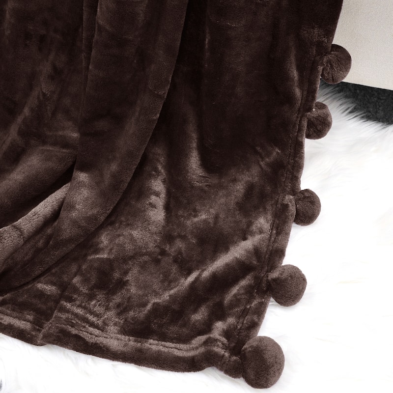 Pompom Flannel Fleece Throw
