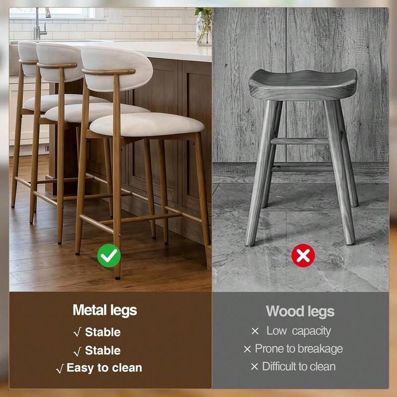 Set of 2 Beige Counter Height Bar Stools, Modern Upholstered Counter Stools with Metal Legs for Kitchen Island Dining Room