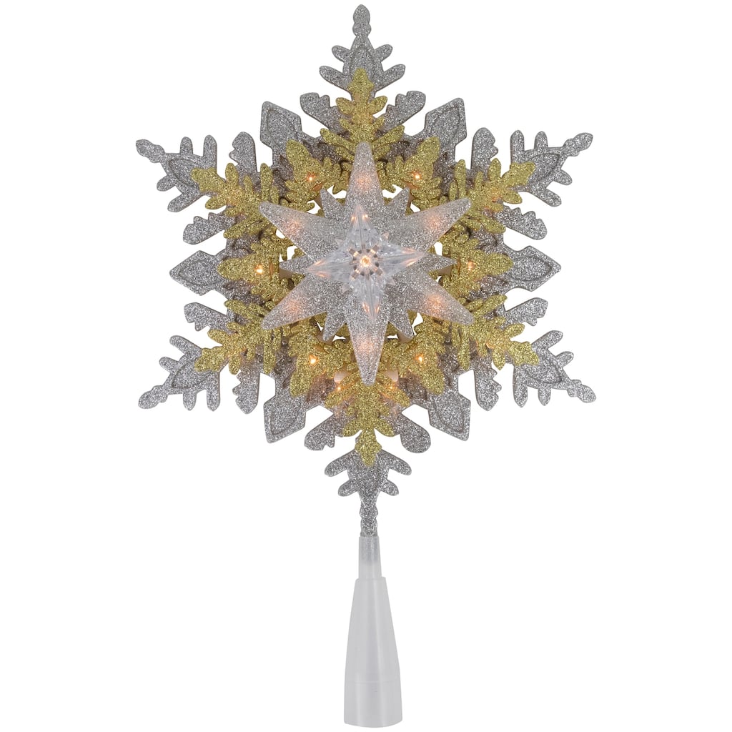 13.75" Lighted Gold and Silver Snowflake Christmas Tree Topper Clear Lights