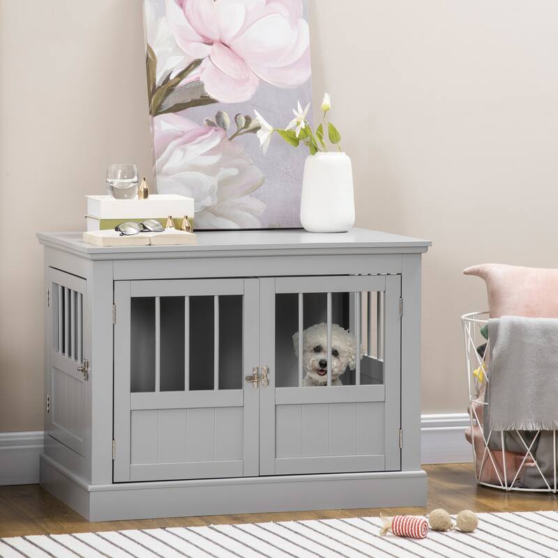 PawHut Dog Crate End Table with Triple Doors, Wooden Dog Crate Furniture Indoor Use, Puppy Crate with and Steel Tubes