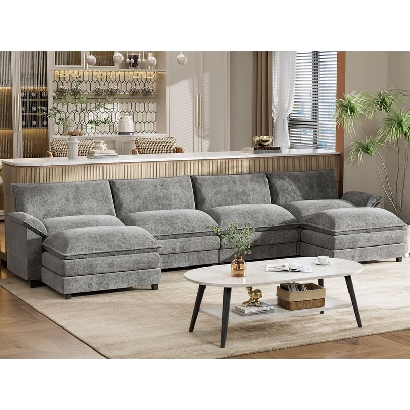 Furniwell 4 Seats U-Shaped Sectional Sofa with 2 Movable Ottomans Modern Fabric Convertible Modular Couch for Living Room - Grey