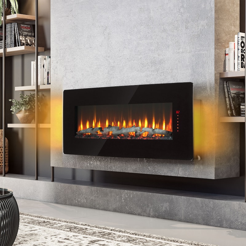 48-Inch Electric Fireplace with Curved Front, Multi-Color Flame & Ember Bed, Wall-Mounted or Tabletop, Remote Included