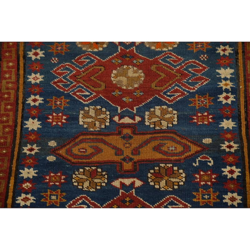Hand Knotted Oriental 100% Wool Carpet Traditional Geometric Navy Blue & Blues Kazak Area Rug - 4' 7'' X 3' 6''