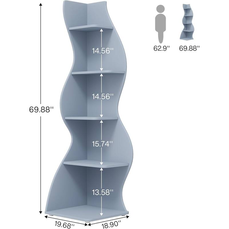 Modern Wood Corner Shelf, 5-Tier Bookshelf Bookcase for Living Room