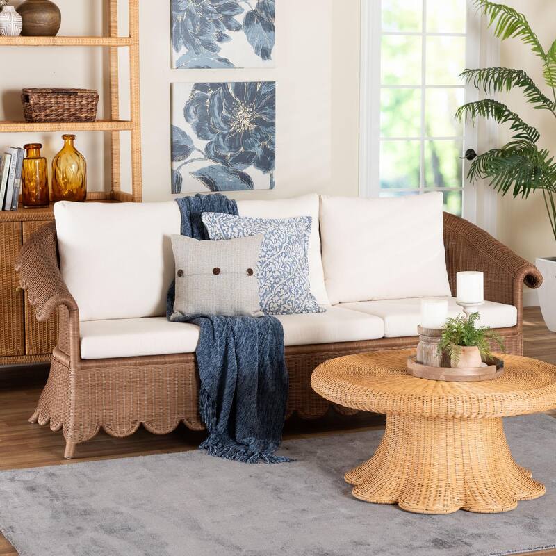 Detta Natural Rattan Sofa with Cushion - Handwoven Wicker Settee with Rolled Arms and Scalloped Skirt Base, Boho Coastal Style
