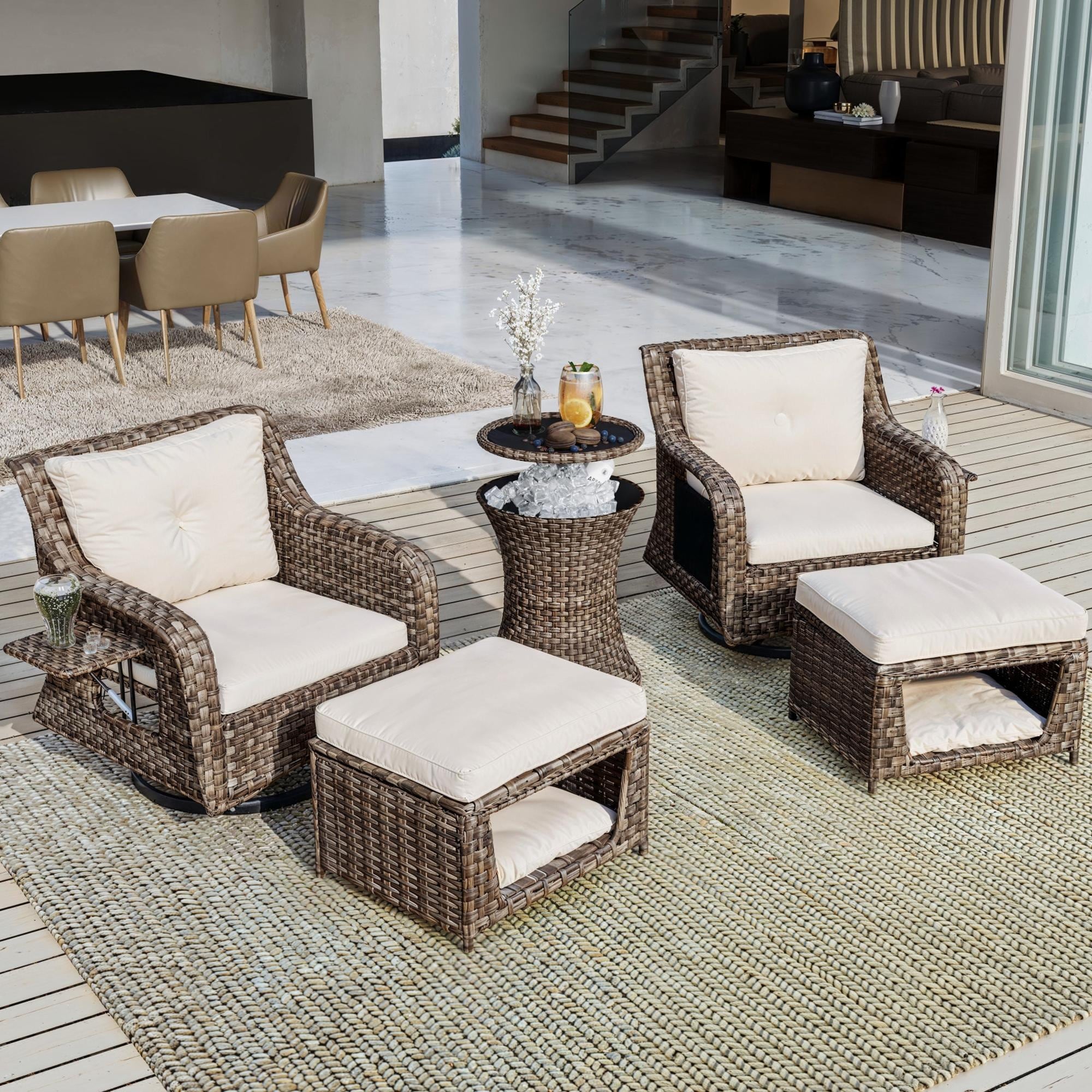 Rattan Armchair Rattan Swivel Rocker With Ottoman 5-Piece Outdoor