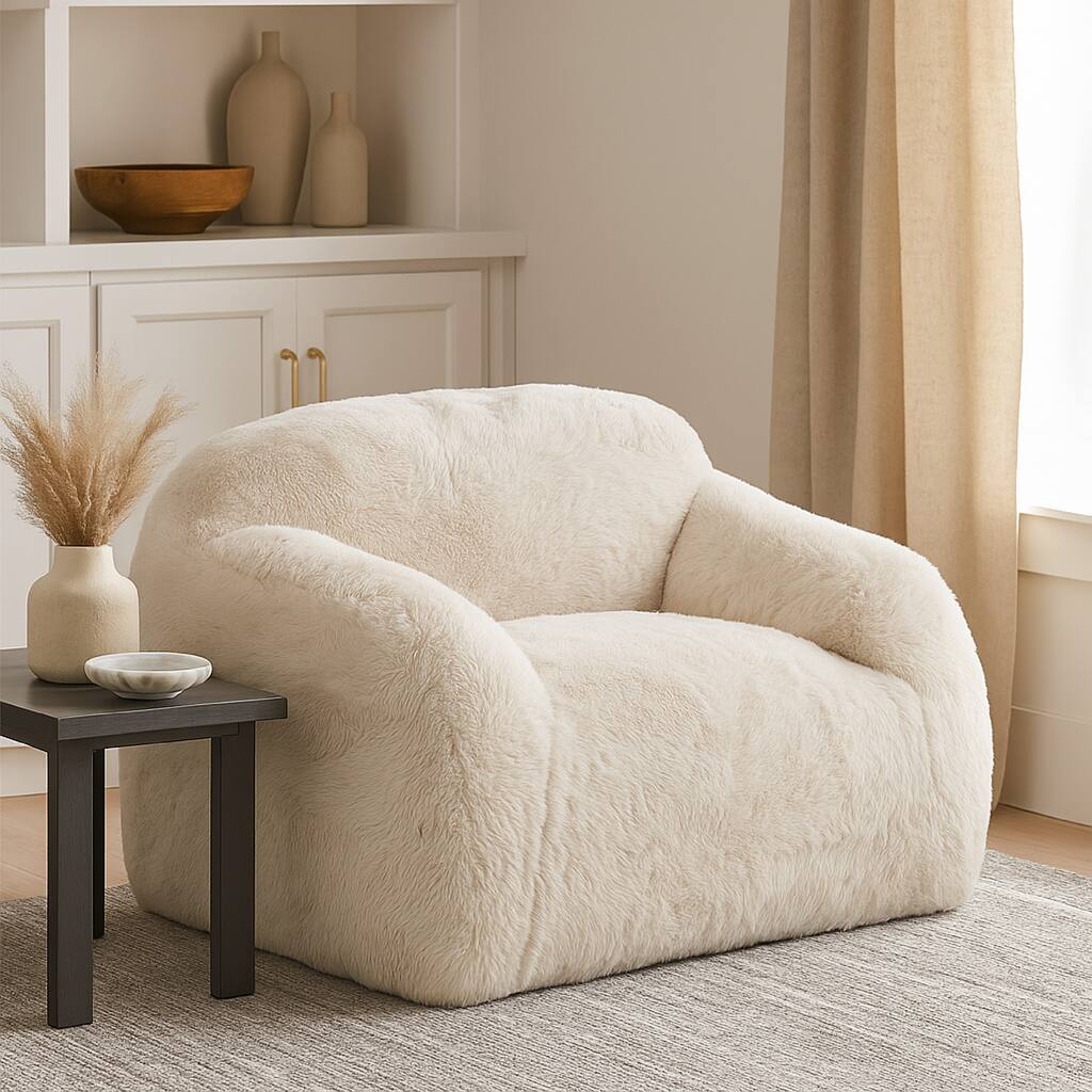 Accent Lounging Chair, Natural White Faux Fur, 44 Inch Solid Wood Frame