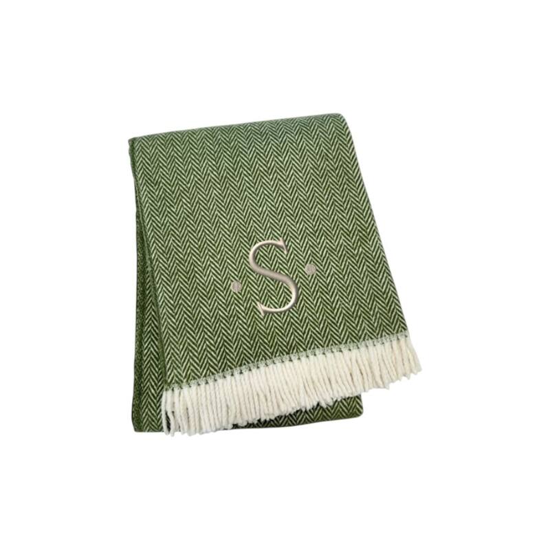 HomeRoots 55" X 70" Moss Green And White Herringbone Cotton Blend S Initial Throw Blanket with Tassels And Embroidery