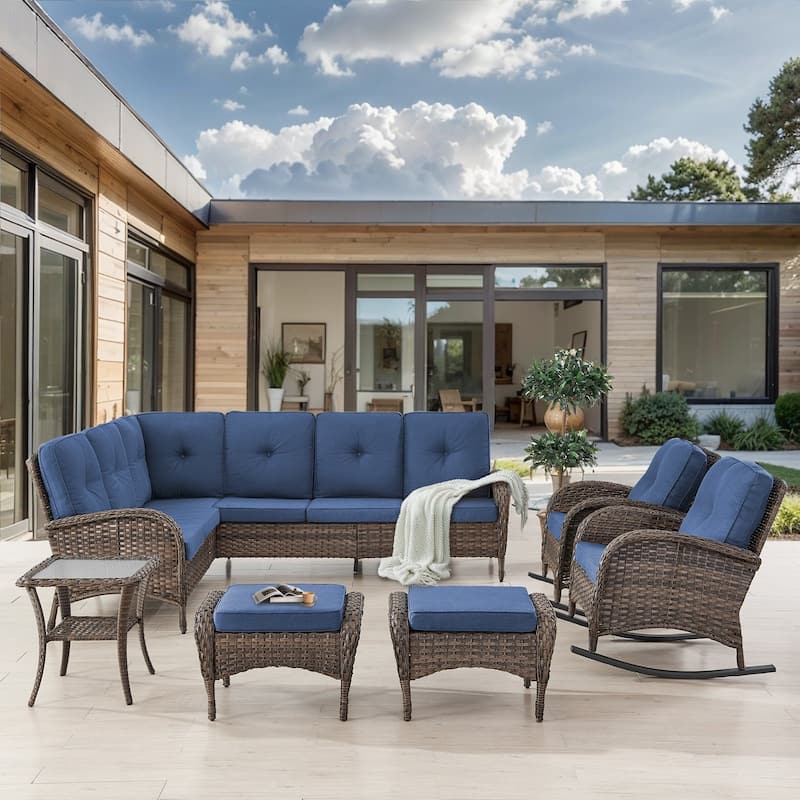 Gymojoy Outdoor Sectional Sofa Set with Rocking Chairs, Ottomans, Water-Resistant Cushions
