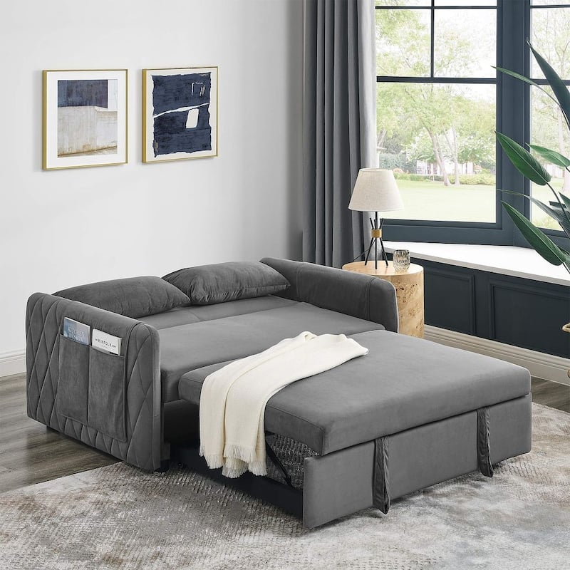 55" Modern Velvet Convertible Sofa Bed with 2 Removable Arm Pockets and 2 Pillows