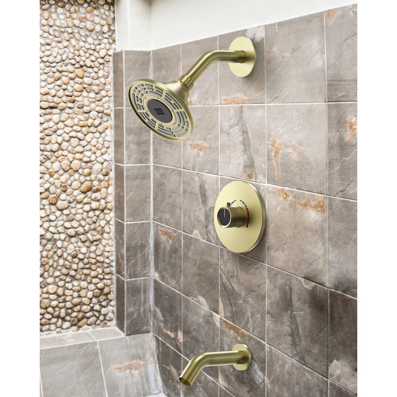 GRANDJOY 5 inch Wall Mount Shower Head with Tub Spout Shower Faucet Set Temperature Display Pressure Balanced Valve