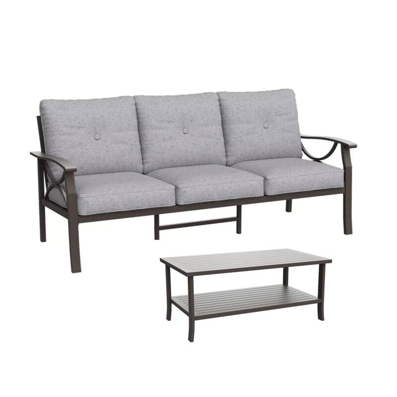 70" 3-Seat Patio Sofa and Rectangular coffee Table with Gray Cushions