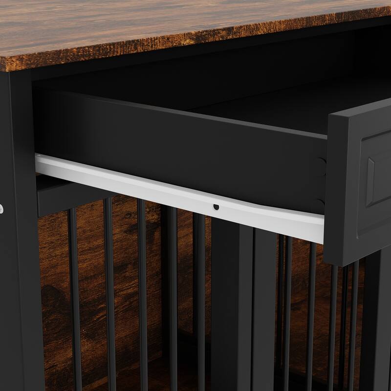 Furniture Style Double Dog Crate with Drawers, 64.6" Wooden Pet Kennel End Table, Removable Divider, Heavy Duty Metal Bars