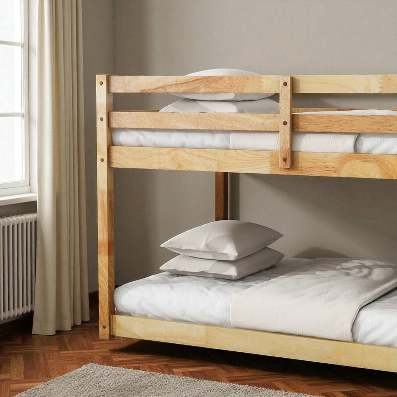 Solid Rubber Wood Twin Over Twin Floor Bunk Bed with Ladder, Low Height Design and Strengthened Slat Support