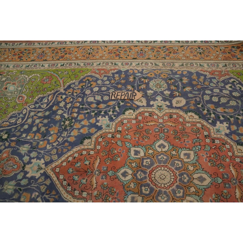Hand Knotted Oriental 100% Wool Carpet Traditional Floral Navy Blue & Blues Tabriz Area Rug - 10' 9'' X 8' 0''