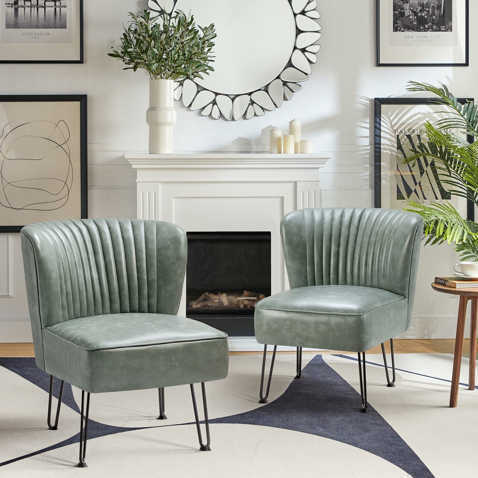 HULALA HOME Donia Modern Faux Leather Armless Wingback Side Chair with Metal Legs Set of 2