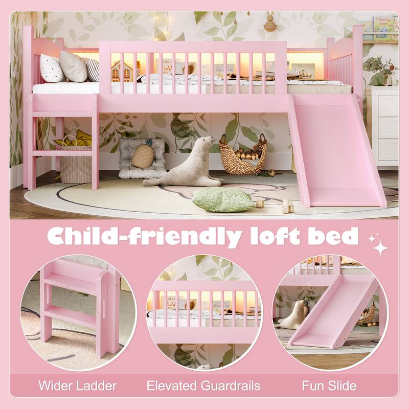 Twin XL Loft Bed with Storage Shelves, LED Lights & Guardrails