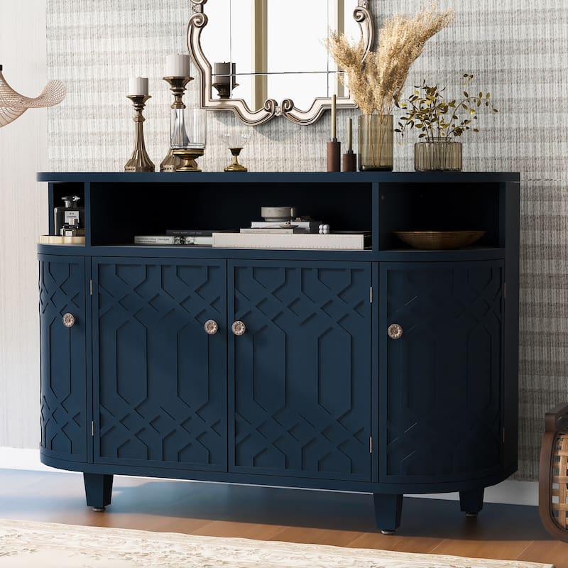 4 Door Curved Entryway Cabinets with Adjustable Shelves & fir Wood Legs, Display Case with Open Storage Rack & Metal Handle