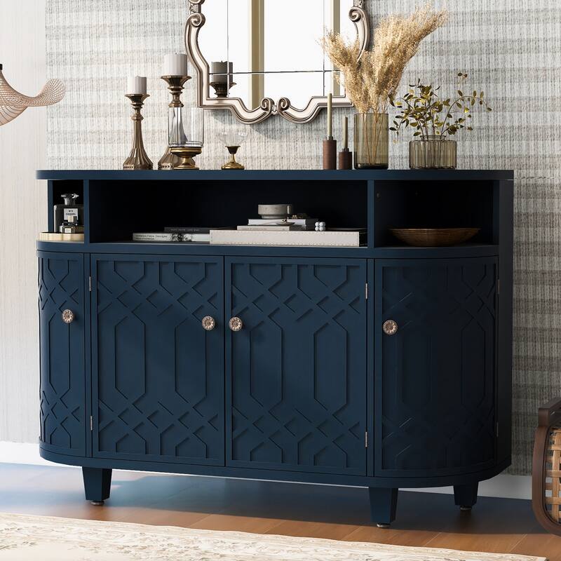 4 Door Wooden Sideboard Cabinet, Multifunctional Curved Storage Cabinet, Buffet Cabinet with Adjustable Shelves