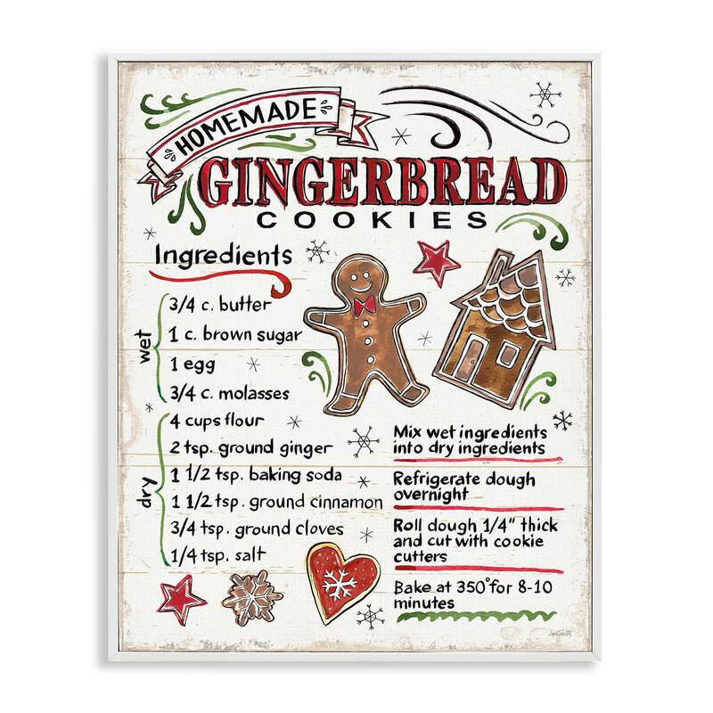 Stupell Homemade Gingerbread Cookies Holiday Cooking Instructions Framed Wall Art - Red - 24 x 30 - White
