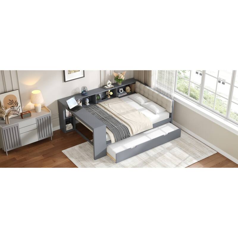 Roomfitters Twin/Full Wood Platform Bed with Trundle, Charging Station and Upholstered Headboard