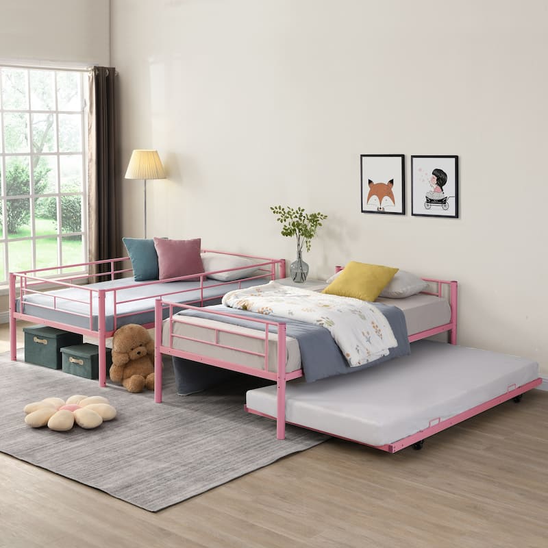 Twin Over Twin Bunk Bed with Trundle, Metal Bunkbeds with Ladder and Full-Length Guardrail, Noise Free, No Box Spring Needed