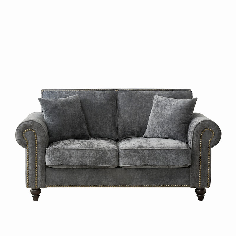 Loveseat with Rolled Armrest, Chenille Upholstered Fabric Sofa, 2-Seater Couch with Solid Wood Legs & Nailhead Trim