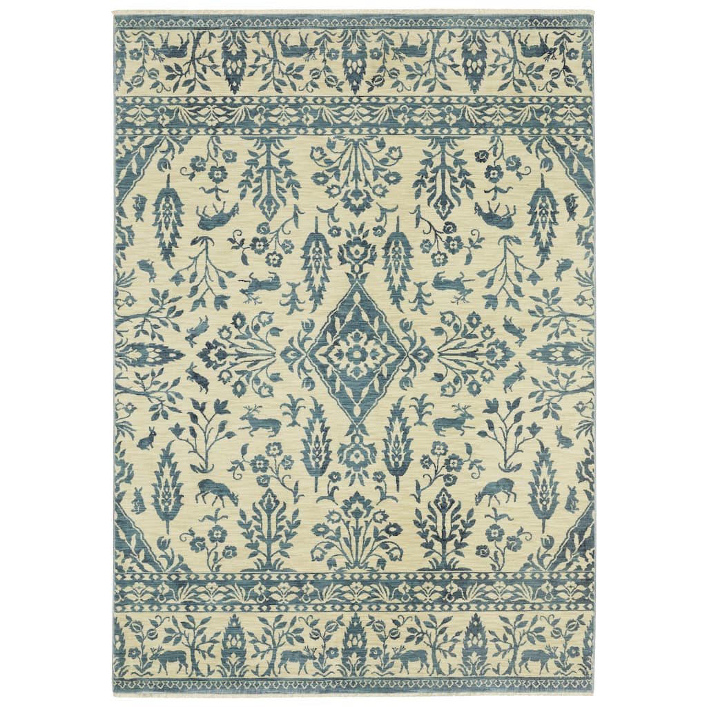 Style Haven Federica Bohemian Border Ivory/Blue Fringe Edge Area Rug