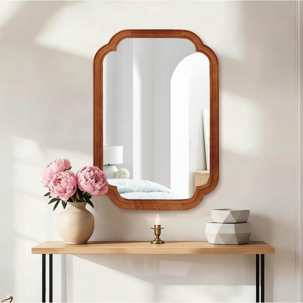 Solid Wood Frame Rounded Corner Decorative Mirror - Antique Brown